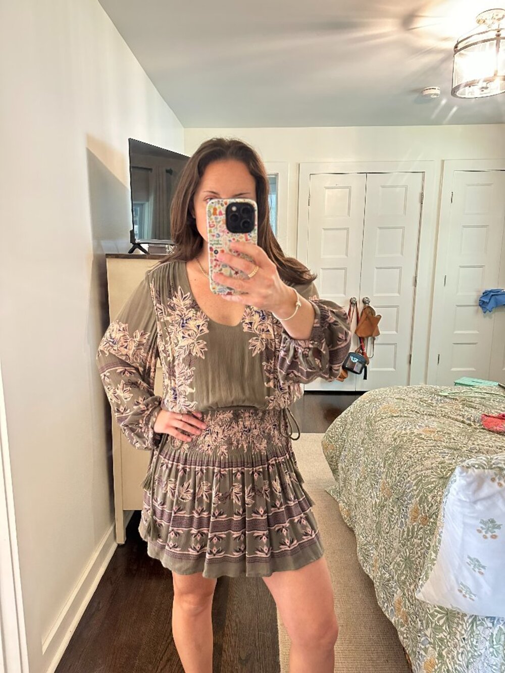 Free People Boho Floral Smocked Waist Mini Dress Olive Pink | Size Small